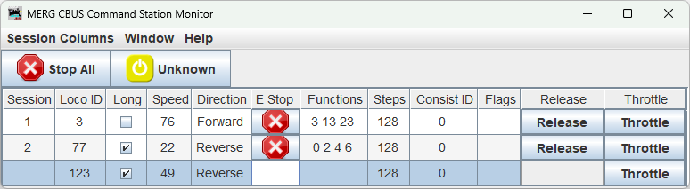 CBUS Command Station Monitor Session Columns