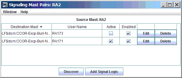 an example showing the signal mast logic for the properly-discovered route from signal mast RA2 to signal mast RA171.