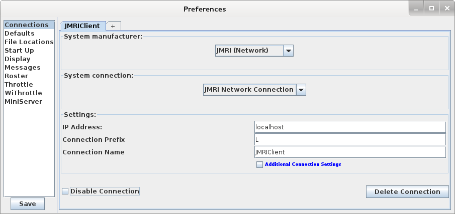 JMRIClient Configuration screen (configured for LocoNet with a server on localhost)